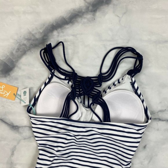 Kona Sol One Piece Swimsuit SMALL & XL Womens Navy Stripe Shirred Macrame Strap - Picture 7 of 10